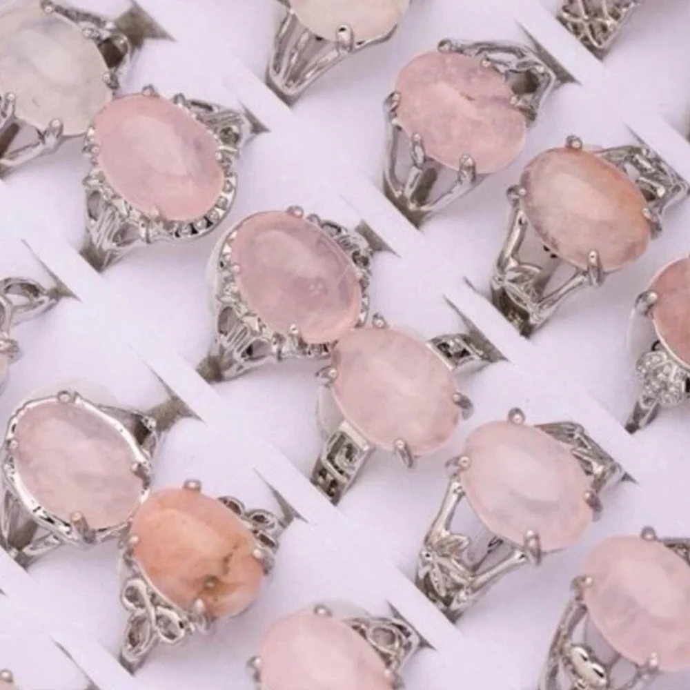 Light Pink Rose Quartz Stone + Silver Fashion Ring